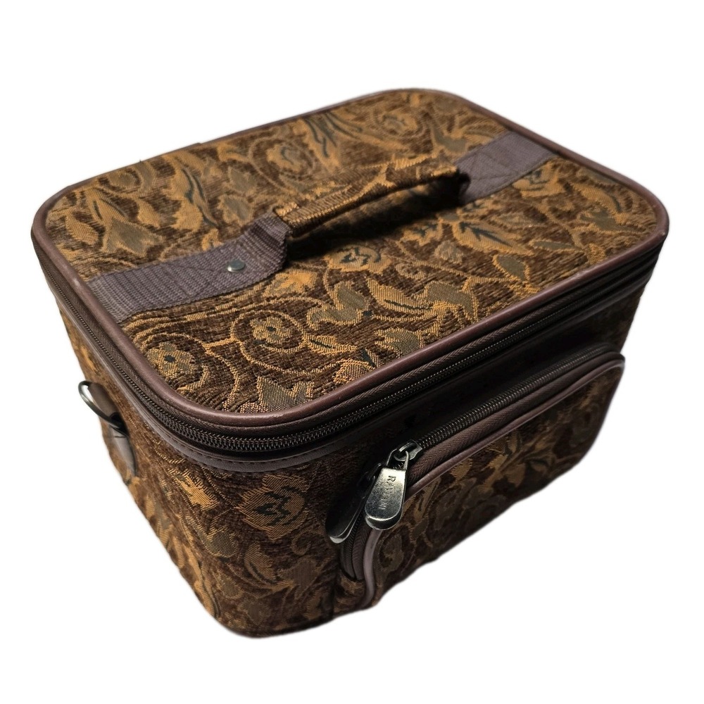 Vintage 90s NWOT Tapestry Travel Case Strap Neutrals Gold Brown Floral‎ Makeup